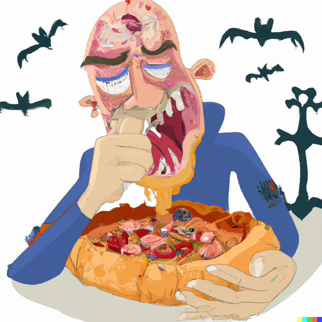 Prompt: The crypt keeper eating a seafood pizza