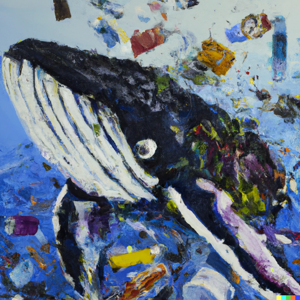 Prompt: A painting of a whale surrounded by plastic waste