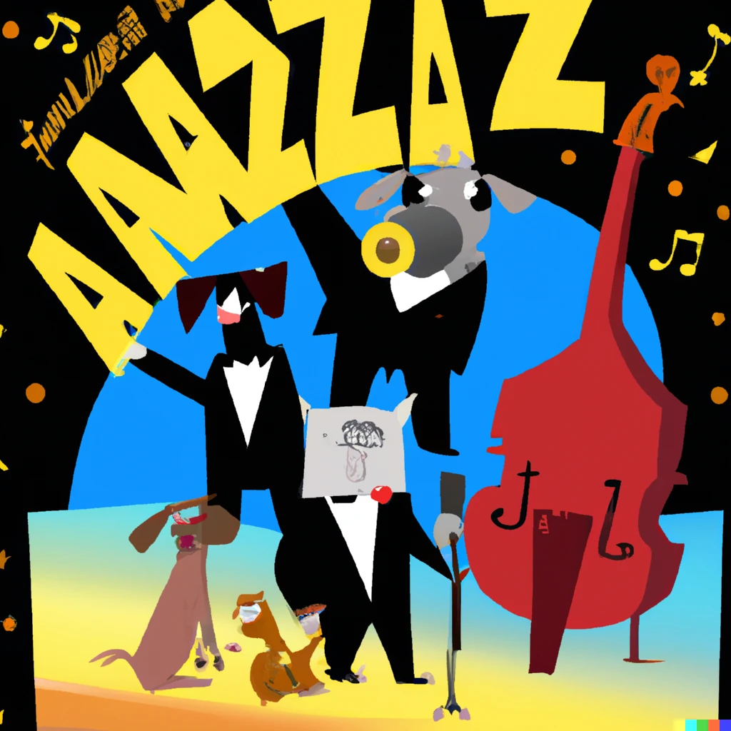 Prompt: A Jazz concert with a band made up of cats and dogs in the style of a movie poster from the 1950s