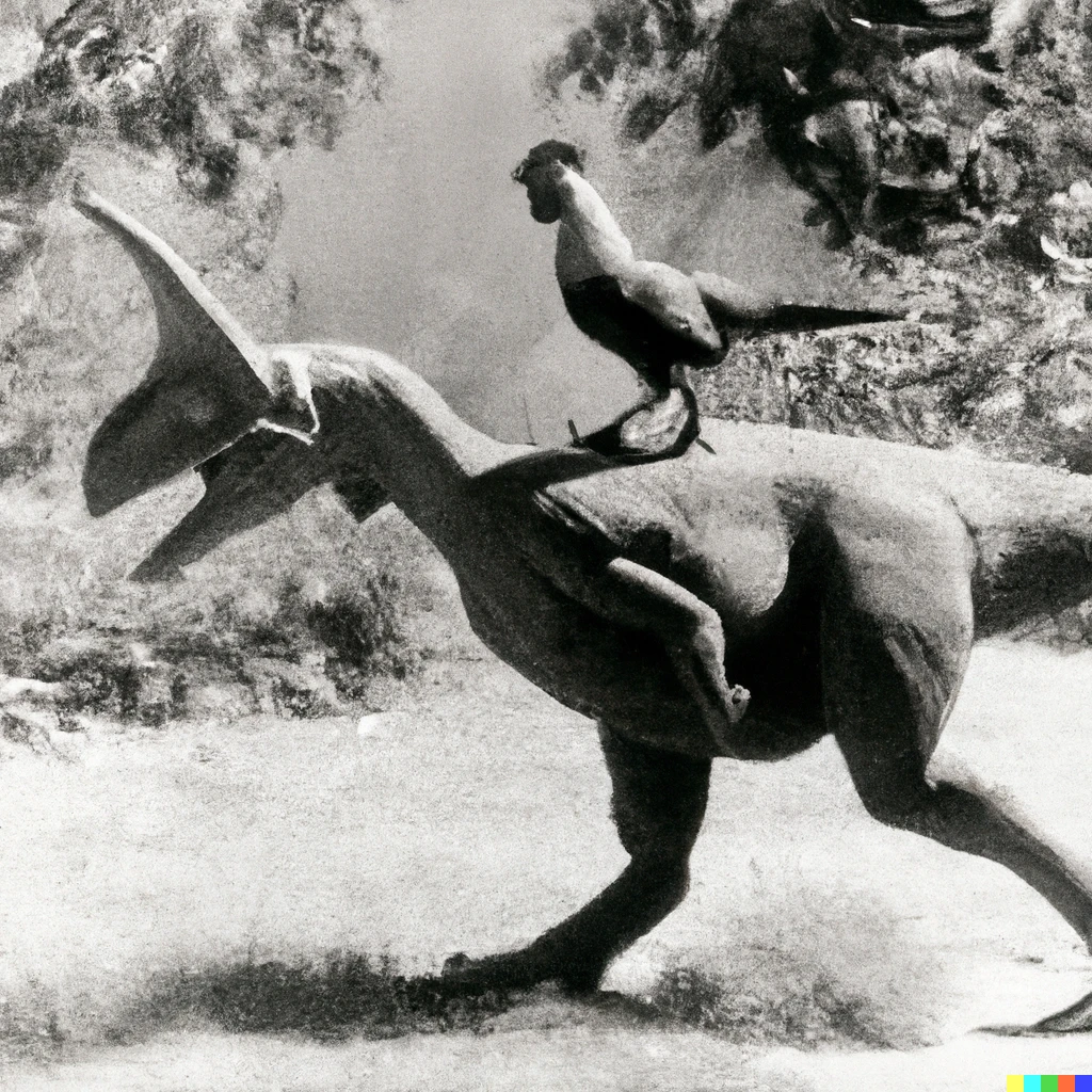 Prompt: a giant chicken running with a small dinosaur photographed by diane arbus