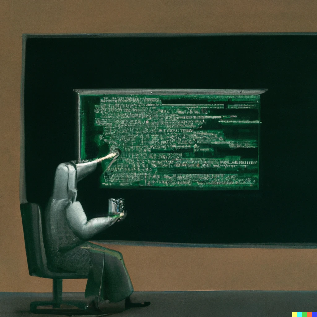 Prompt: An surrealist painting of a software developer in a dark room with code visible on the monitor