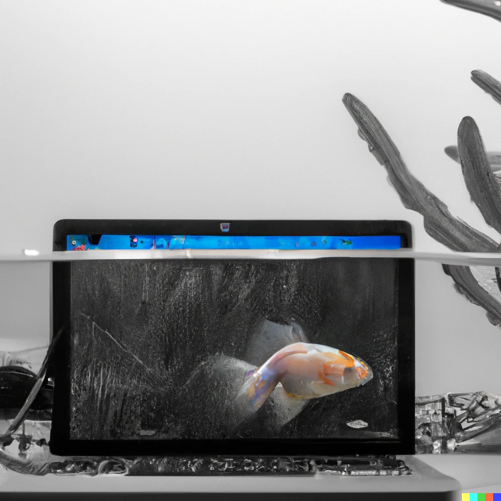 Prompt: A MacBook Pro inside a fish tank