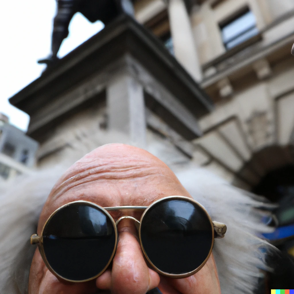 Prompt: A photo of einstein in London wearing sunglasses 