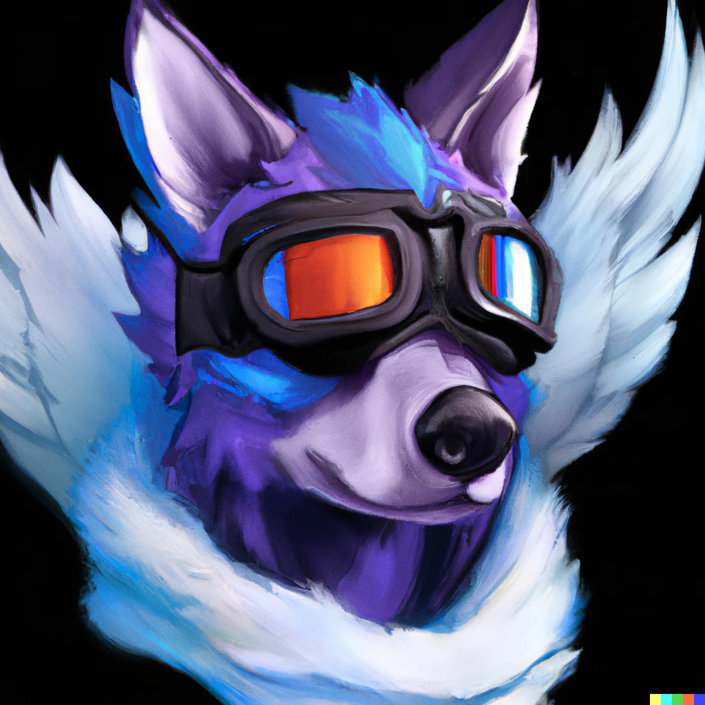 Prompt: a winged blue and purple anthropomorphic wolf wearing flight goggles, digital art