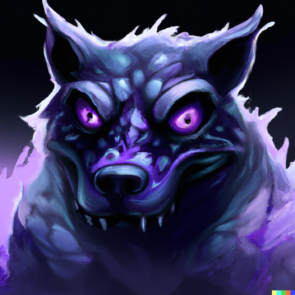 Prompt: a purple/blue hybrid between a frog and a wolf from your nightmare, digital art