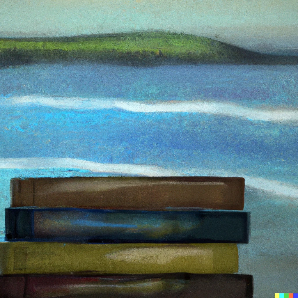 Prompt: An impressionist painting of books with the sea in the background 