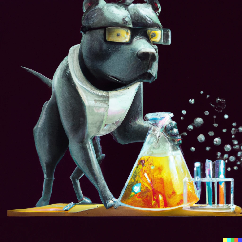 Prompt: A black Staffordshire Terrier dog mad scientist mixing sparkling chemicals, digital art