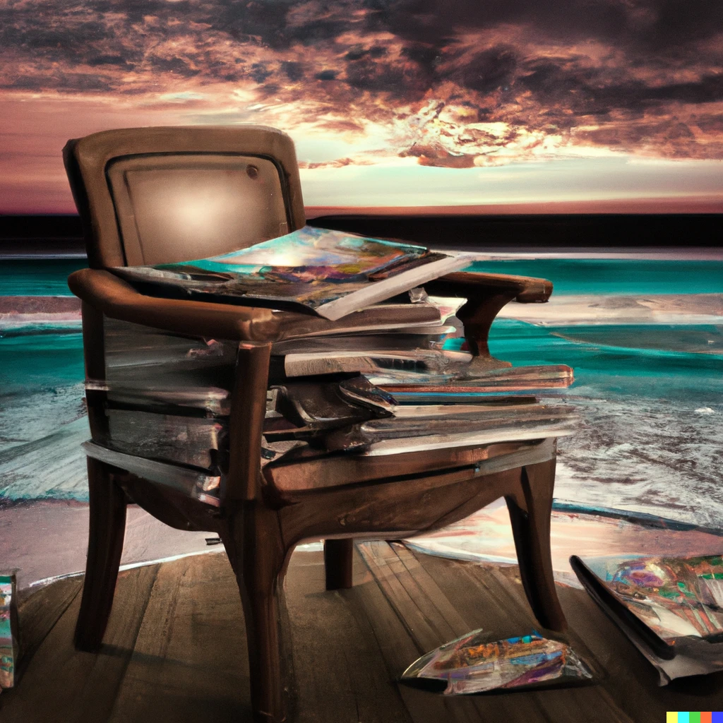 Prompt: an old wooden chair and a pile of old pulp magazines at a beach sunset ocean backdrop, digital art