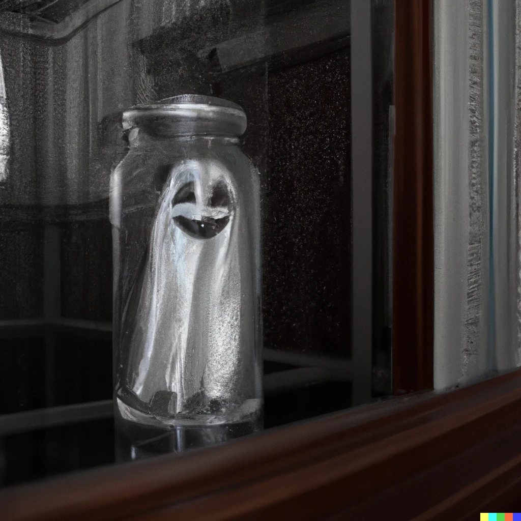 Prompt: silver ghost in a glass jar inside a haunted mansion