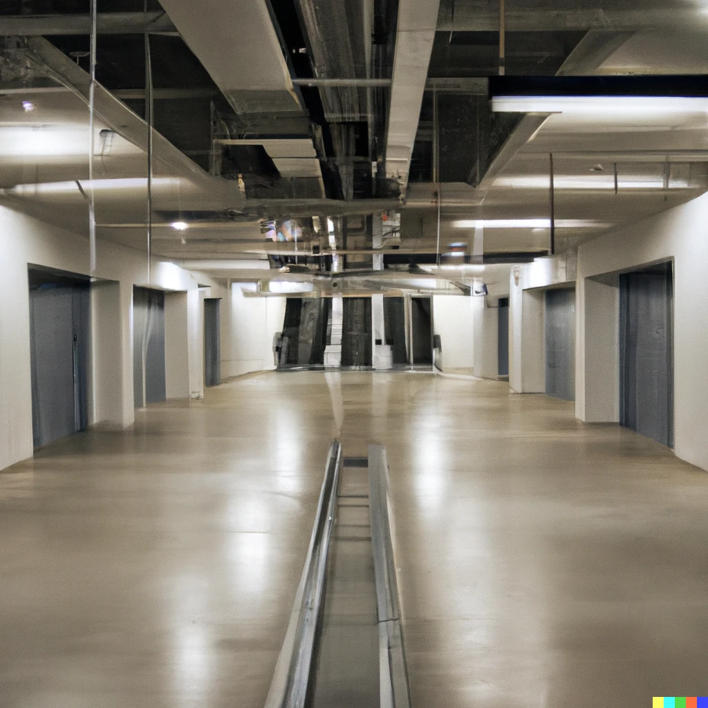 Prompt: A long walk across a wide open parking garage to a bank of elevators