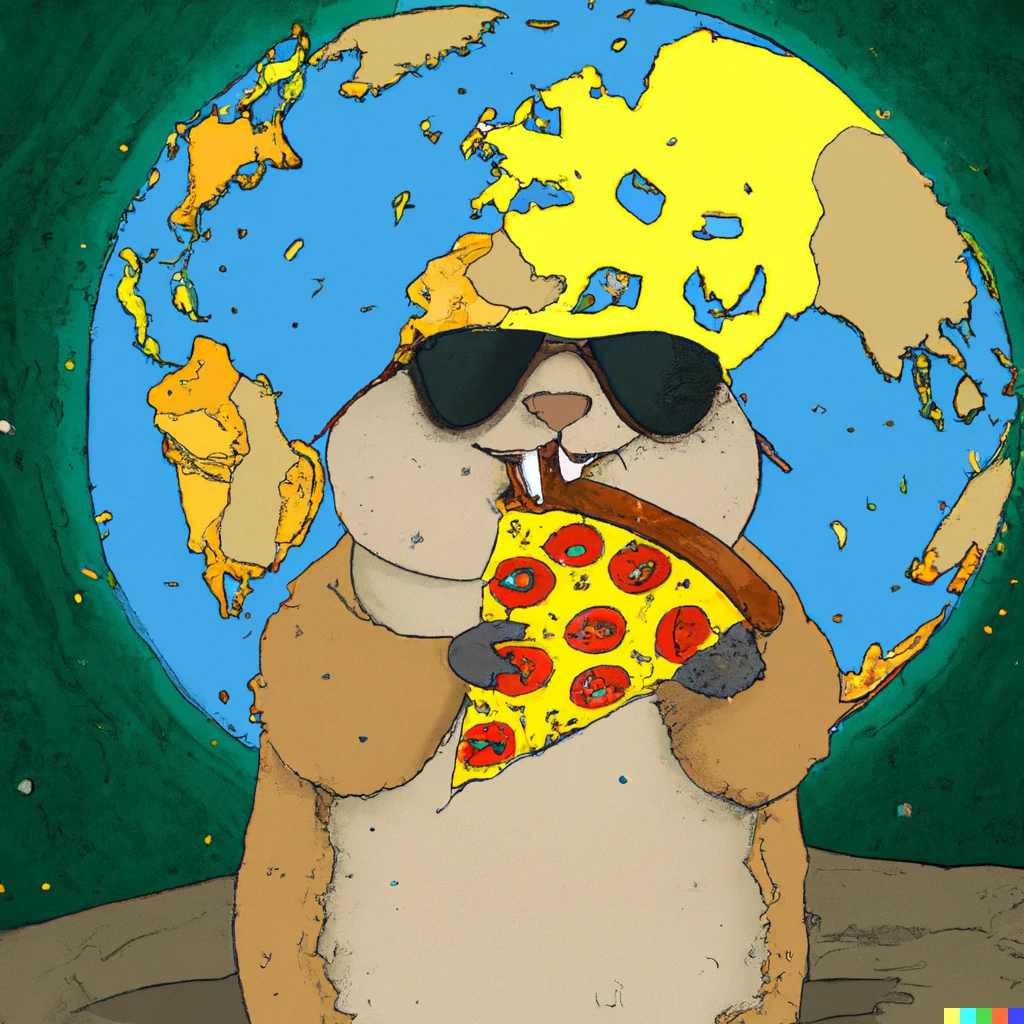 Prompt: Groundhog wearing sunglasses and eating pizza with the earth in the sky while standing on surface of the moon 