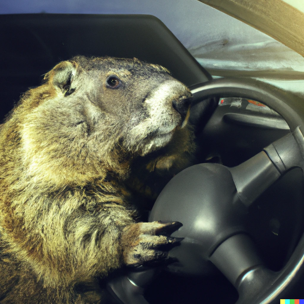 Tomasz × DALL·E 2 | photo of groundhog driving a car, in a style of