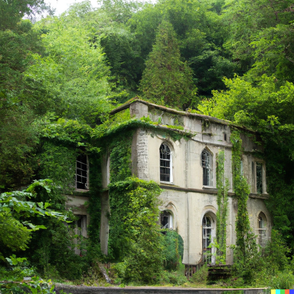 Prompt: Abandoned mansion in the Irish forest