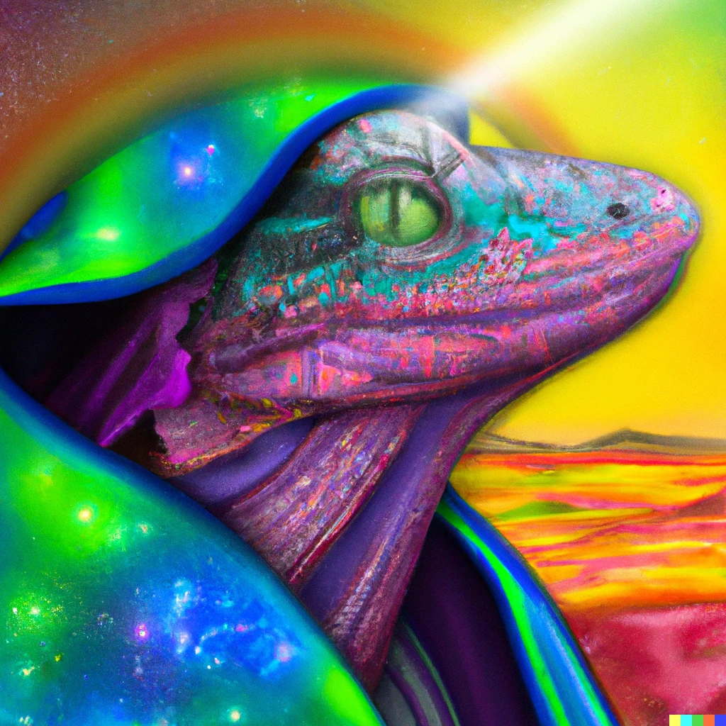 Prompt: a lizard person described as a lizard head that is very colorful on a humans body that is dressed in a robe, and a galactic wizard hat on the head of the lizard, he is a looking into the rainbow ocean portal, digital art, vibrant colors