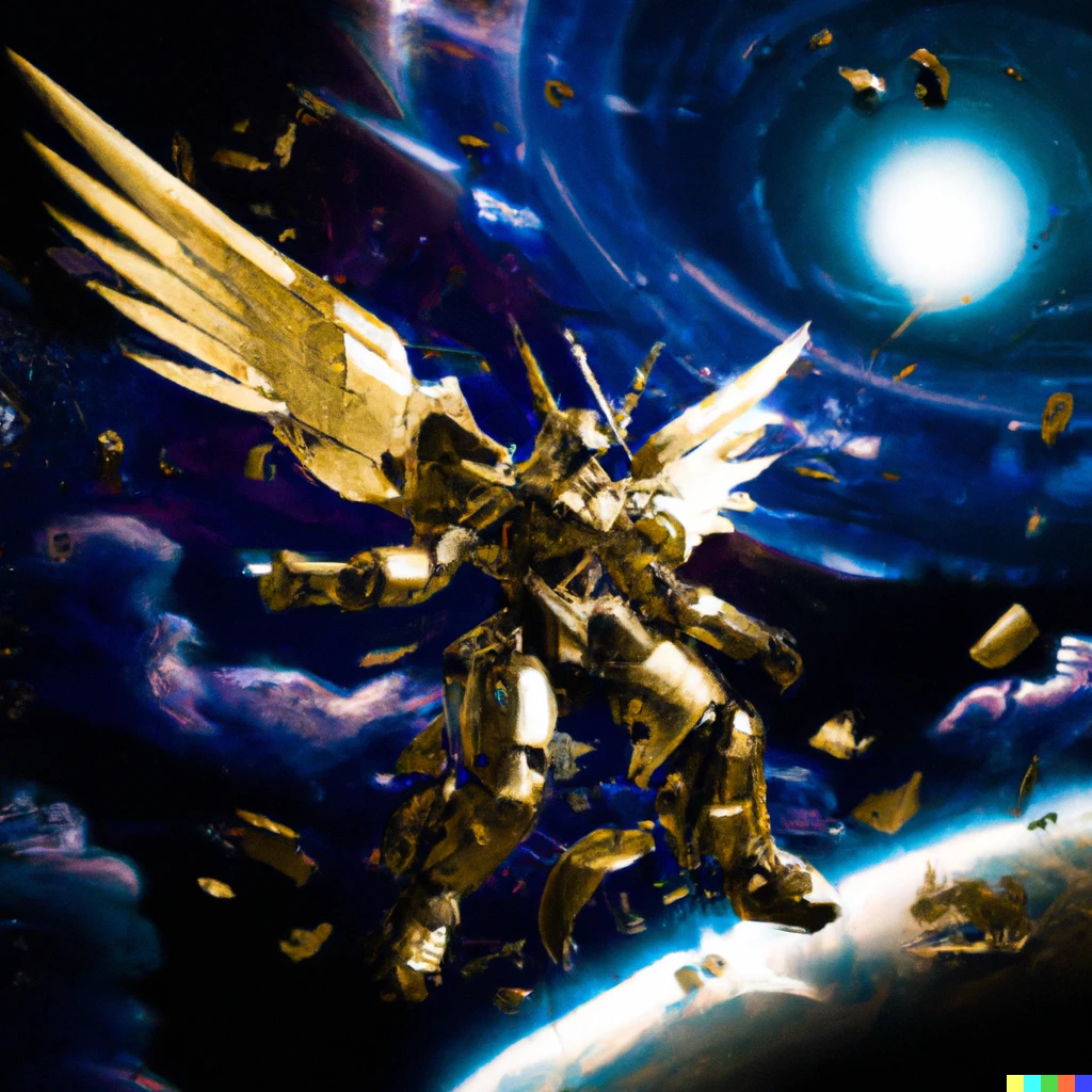 Prompt: a shiny golden gundam sparkling epic in space in front of earth with a galaxy of stars behind cyberpunk high tech mecha robot with angelic halo and wings