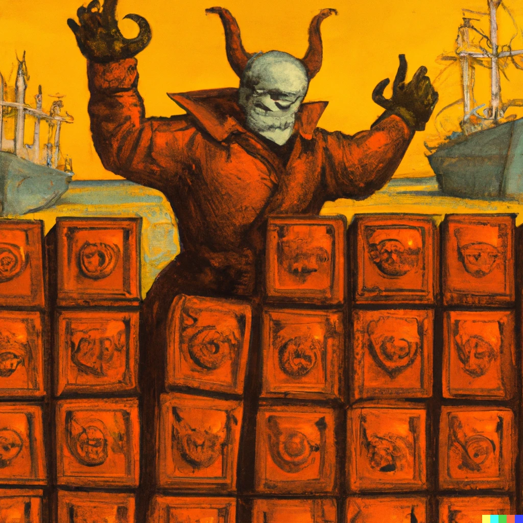 Prompt: A gothic painting of a devil leading an army of docker containers