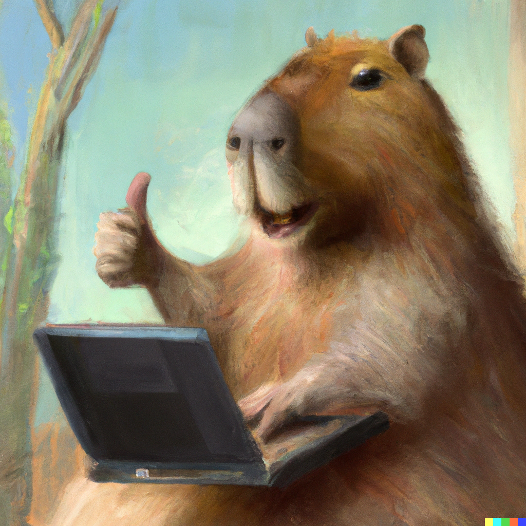 Emiel × DALL·E | a capybara giving a thumbs up behind a laptop as an ...