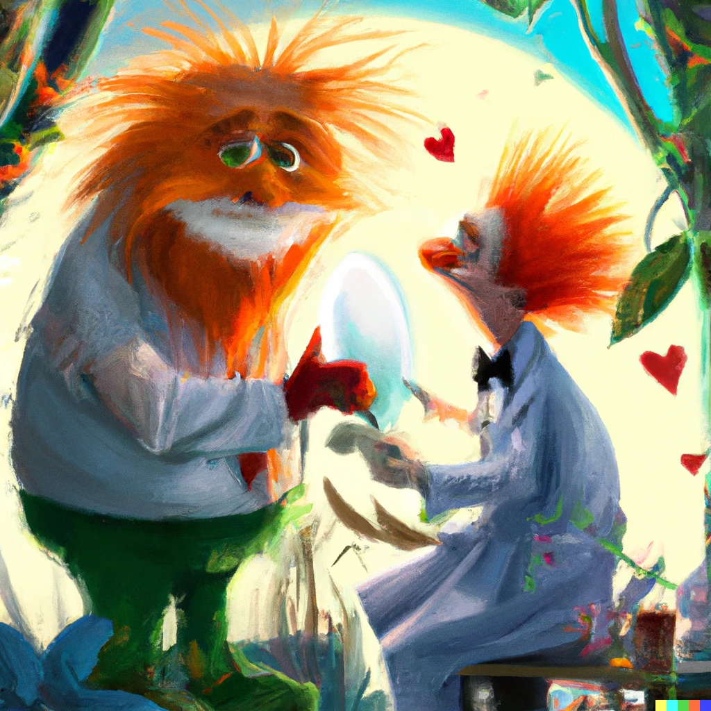 Prompt: The Lorax confessing his love to Dr. Eggman, digital art 