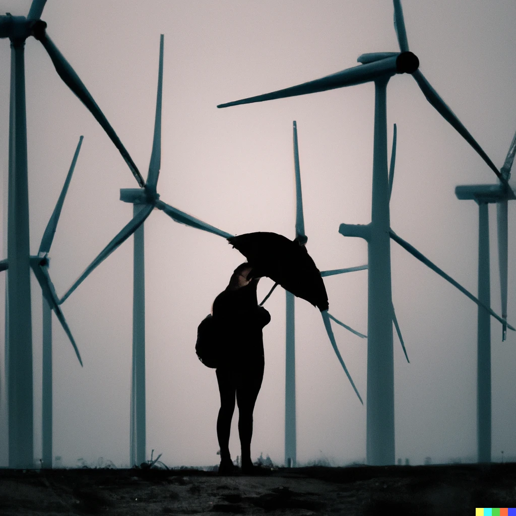 Prompt: Silhouette of a thin girl with short black hair holding a small umbrella, standing in front of hundreds of wind turbines, by Simon Stålenhag