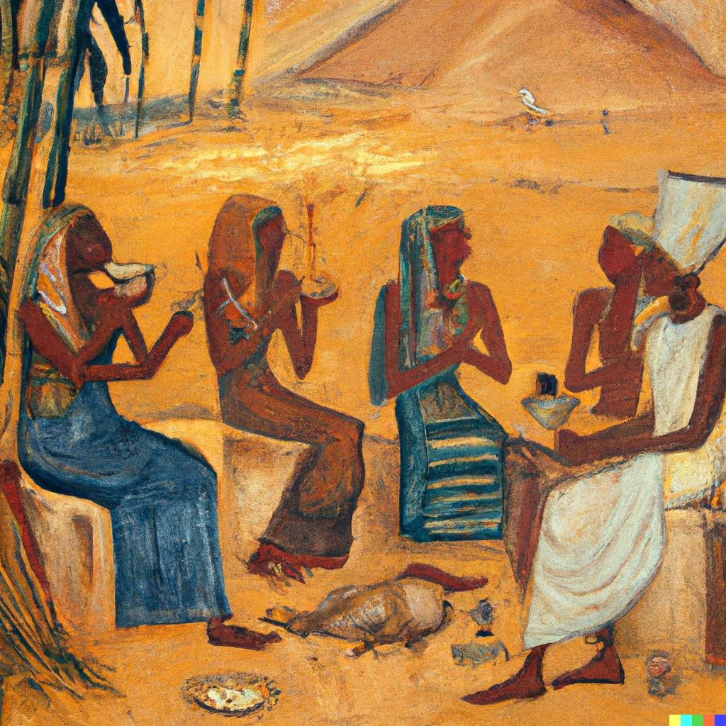 Prompt: oil painting of egyptians and bantus drinking tea