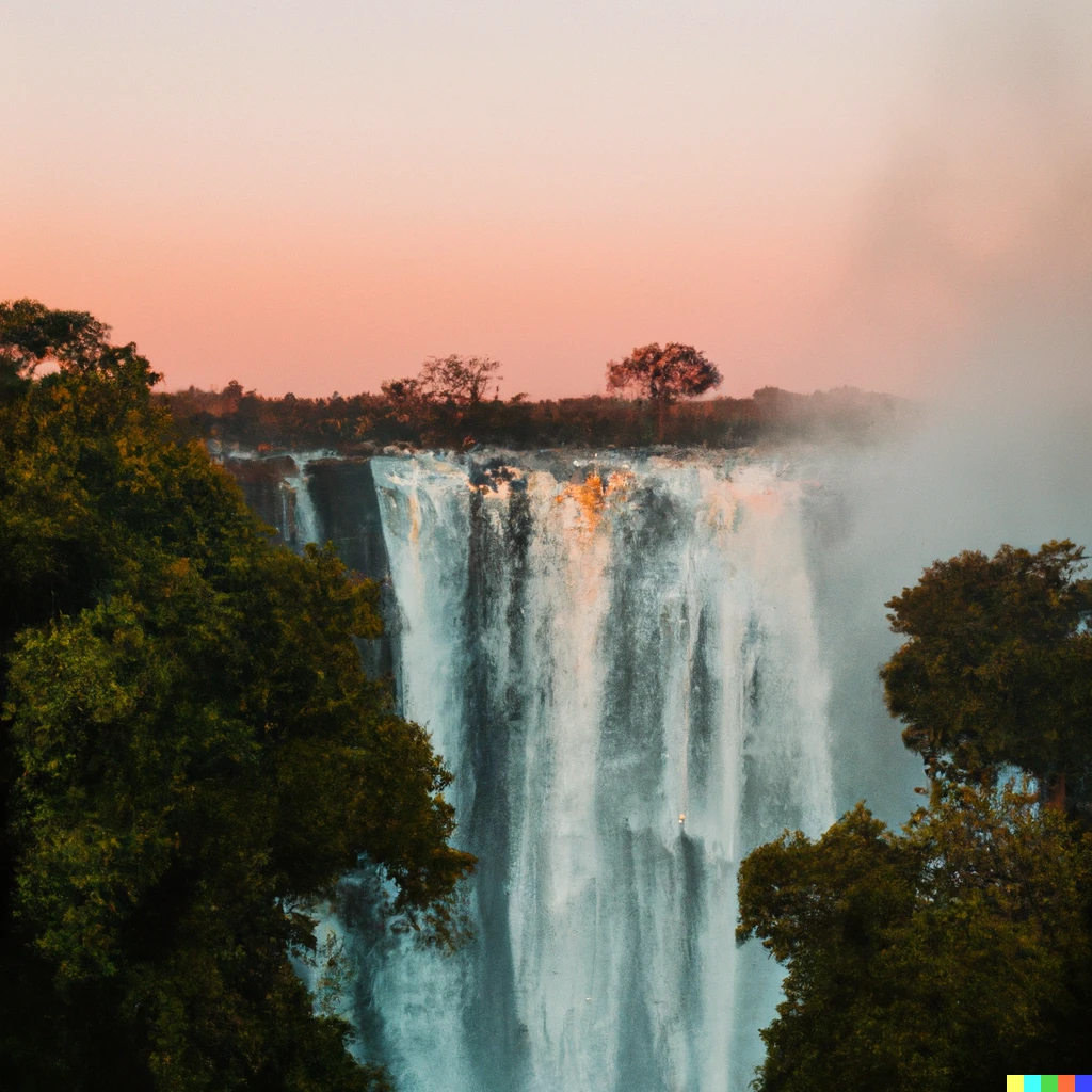 Prompt: 50mm shot of the Victoria falls at sunset 