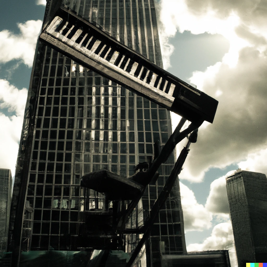 Prompt: A giant Yamaha Dx-7 climbing Canary Wharf in the style of King Kong