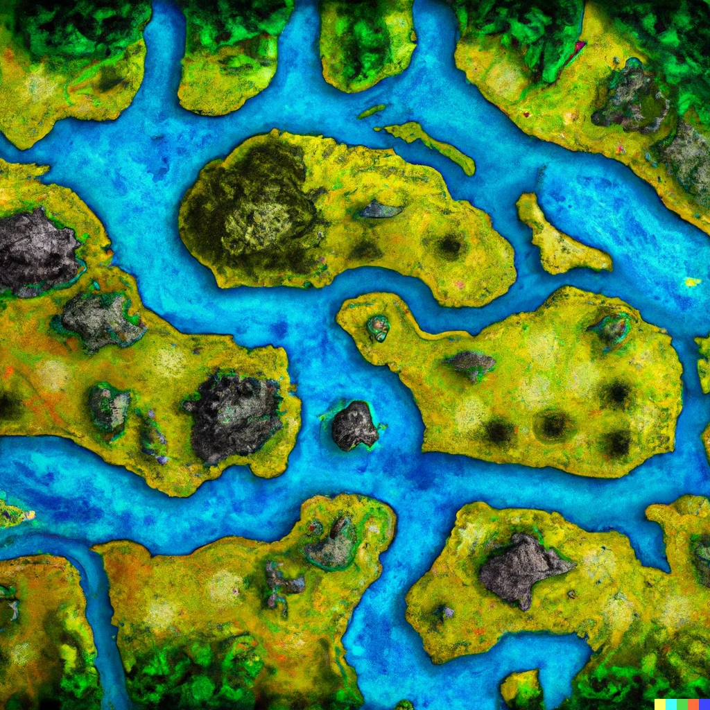 Prompt: piece of map with plain, river, volcano or forest, seen from above, digital style
