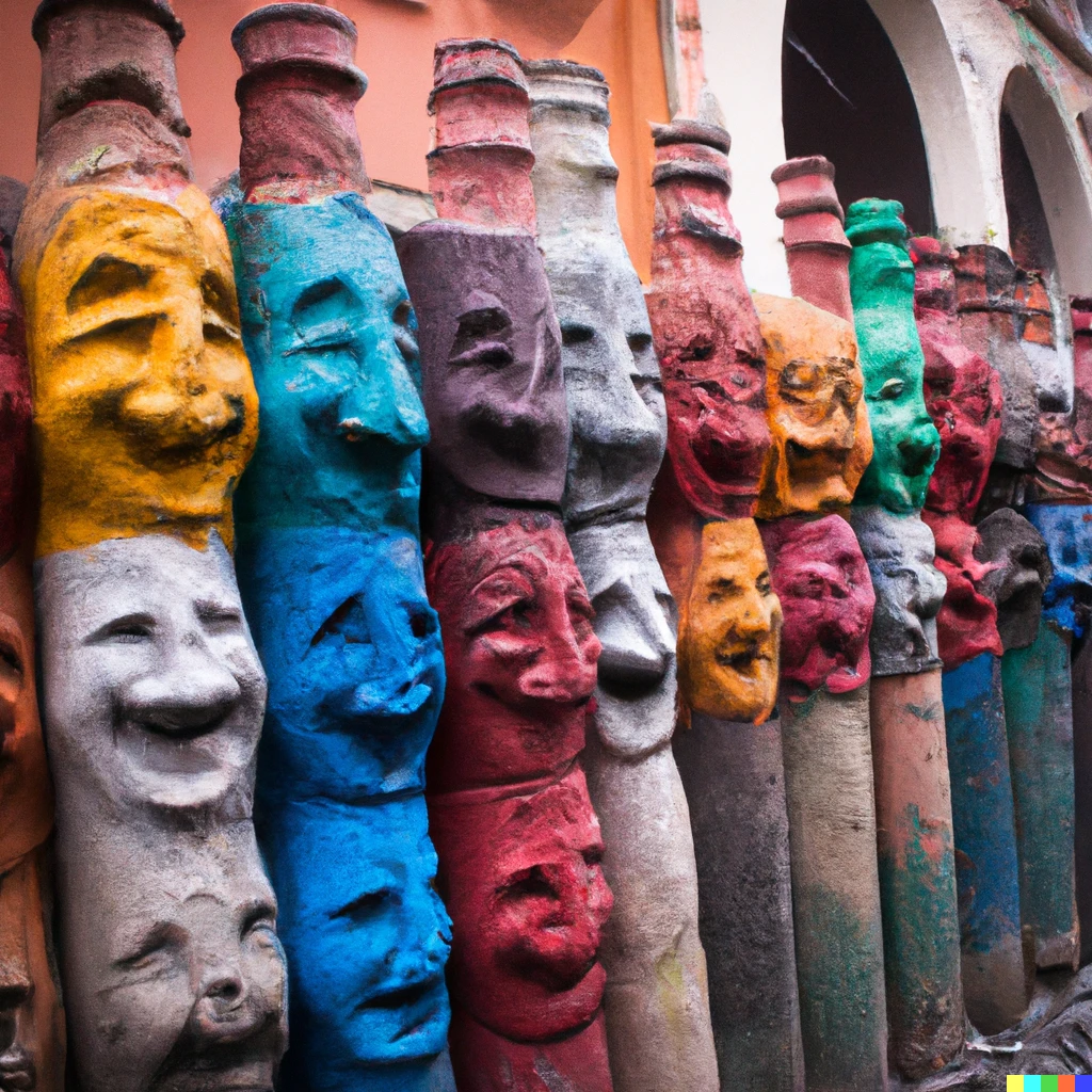 Prompt: Zjuak. A column of sand and clay with colorful faces from floor to ceiling cataloged by our minds as a simple decoration at the end of a busy street. It felt candid, cozy and insignificant.
