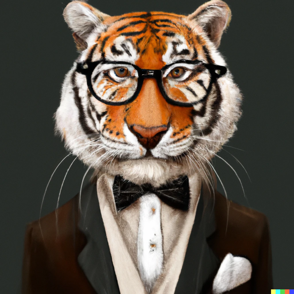 Prompt: Gentleman tiger in tuxedo suit with glasses photorealistic 