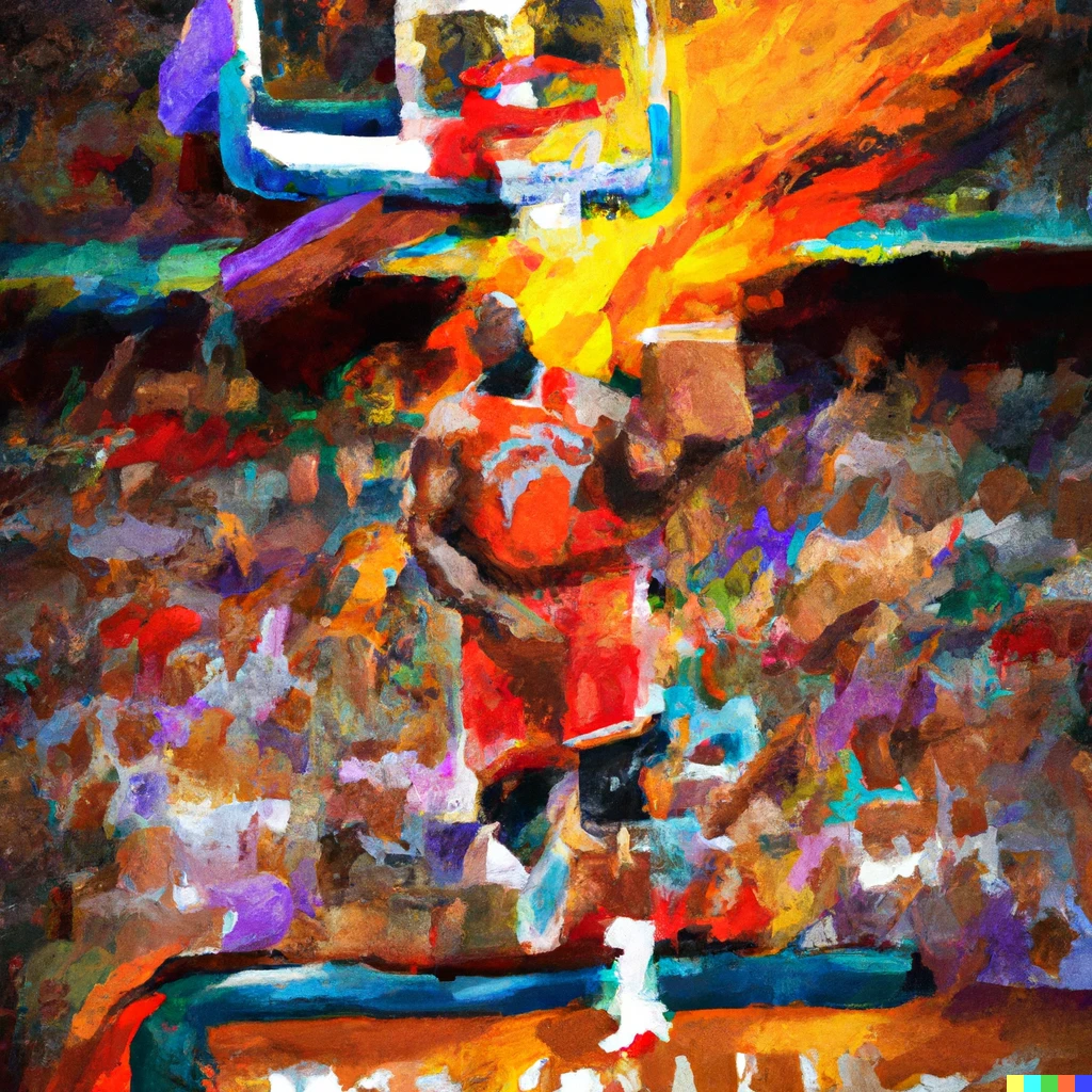 Prompt: Shaquille O'neal dunking a flaming bible through basketball hoop in a basketball stadium full of fans, impressionist painting