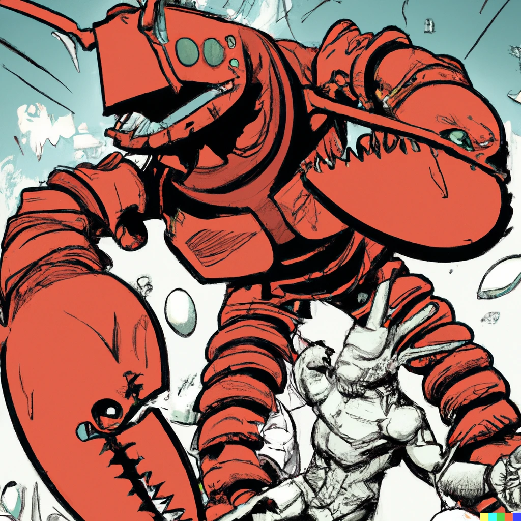 Prompt: A comic book cover of a robot fighting a giant lobster