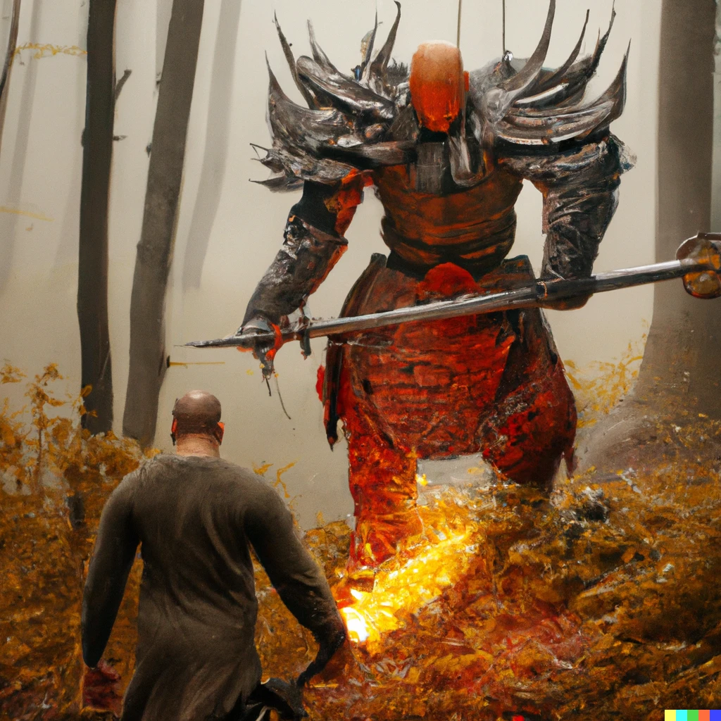 Prompt: photo of man in a burning armor holding a fiery sword facing a giant monster in a foggy forest 