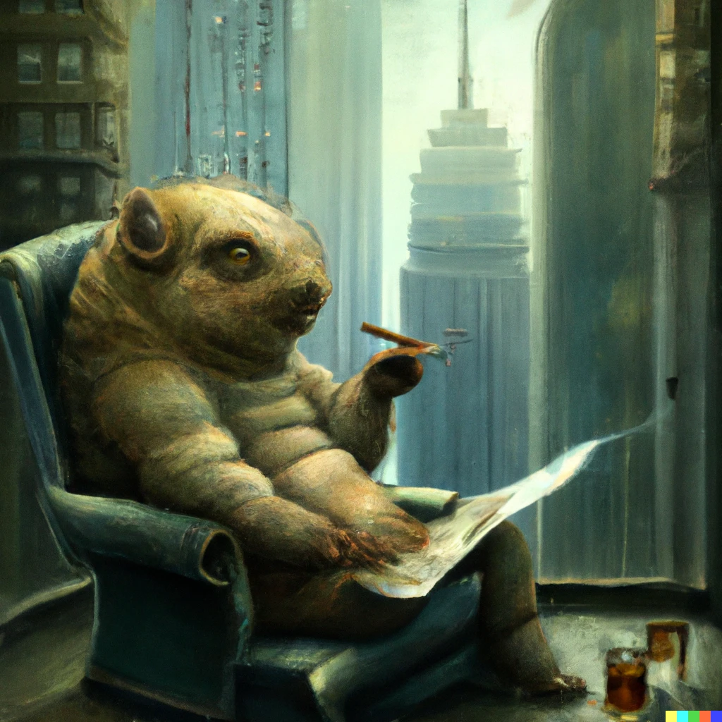 Prompt: A hyper realistic, artstation, 8k,detailed oil painting of a tardigrade reading a newspaper while smoking a cigar sitting in a chair looking out from a skyscraper in a Metropolis.