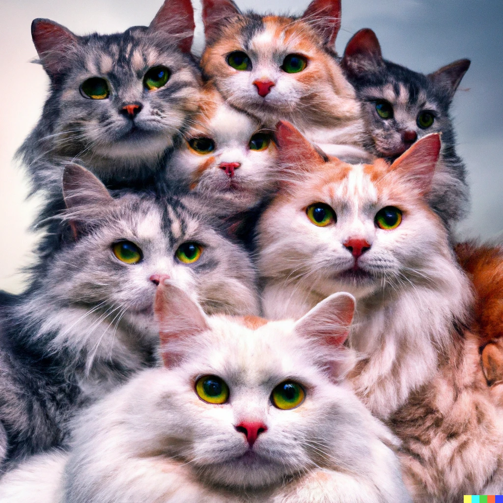 Prompt: A picture of 5 fluffy cats stacked onto each other, 8k
