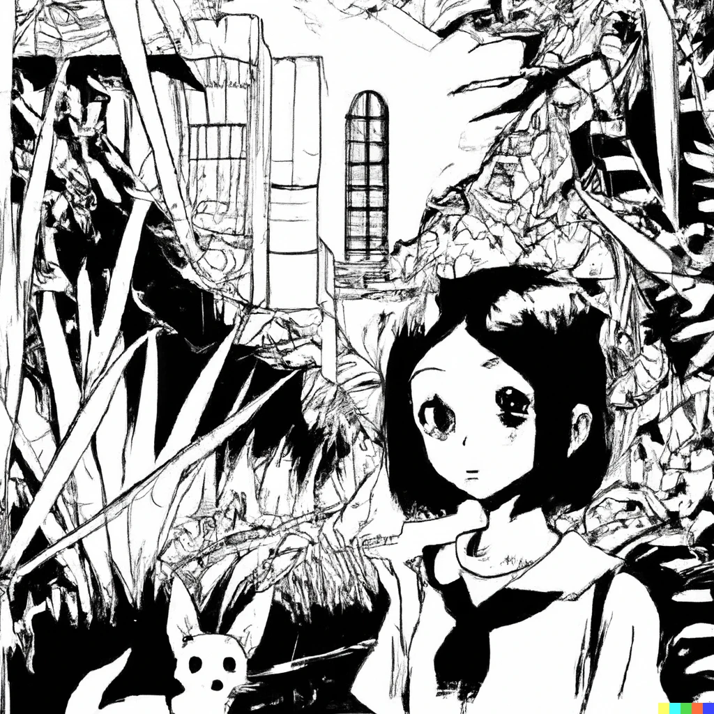 Prompt: The city of Mizumoto, abandoned and overgrown with plants.  A Japanese schoolgirl and a fennec fox are walking along it. All of this in black and white manga style.