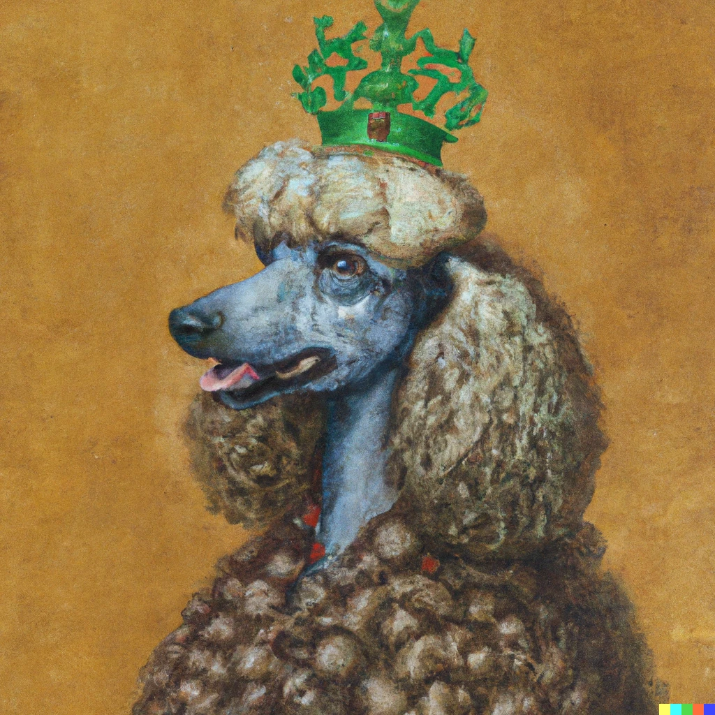 Prompt: a Botticelli painting of a crowned poodle dog