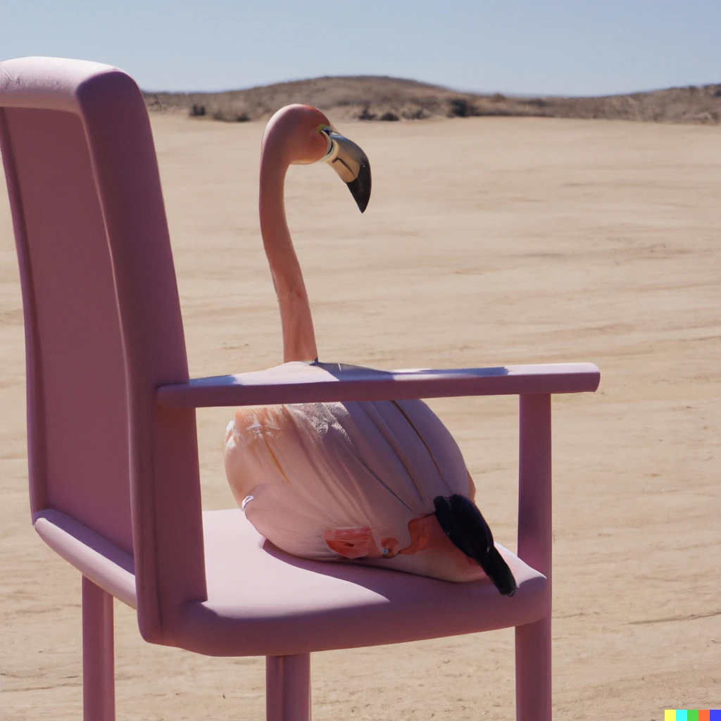 Prompt: A photo of a pink flamingo seated on a designer chair in a desert