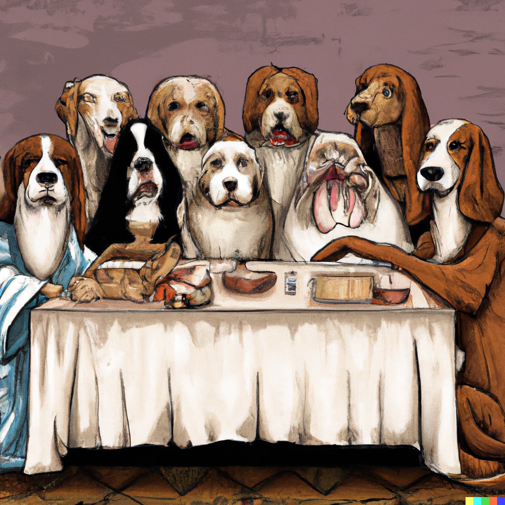 Prompt: The Last Supper Da Vinci painting with only Dogs characters 