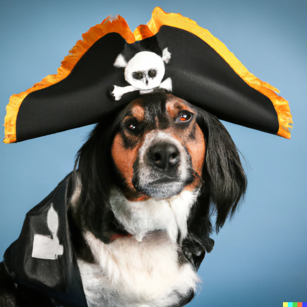 Prompt: A dog wearing a pirate hat and a pirate outfit