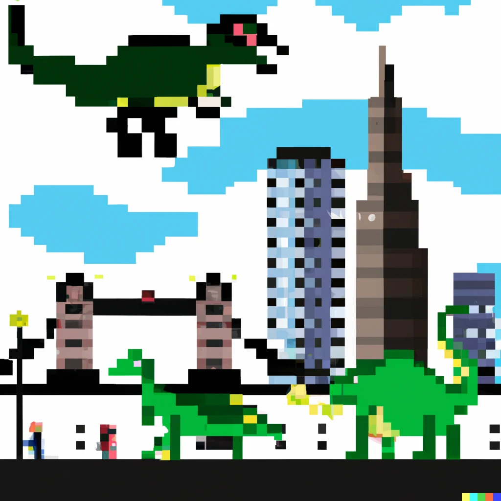Prompt: Dinosaurs taking over London pixelart