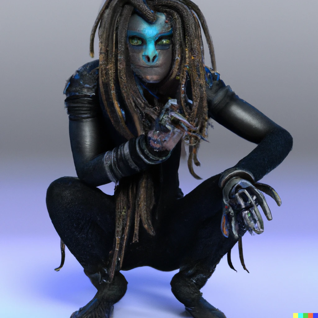 Prompt: Male grey Alien with huge kaleidoscopic eyes, no nose and long blue dreadlocked hair wearing a black jumpsuit and kneeling on one knee, 3Drender
