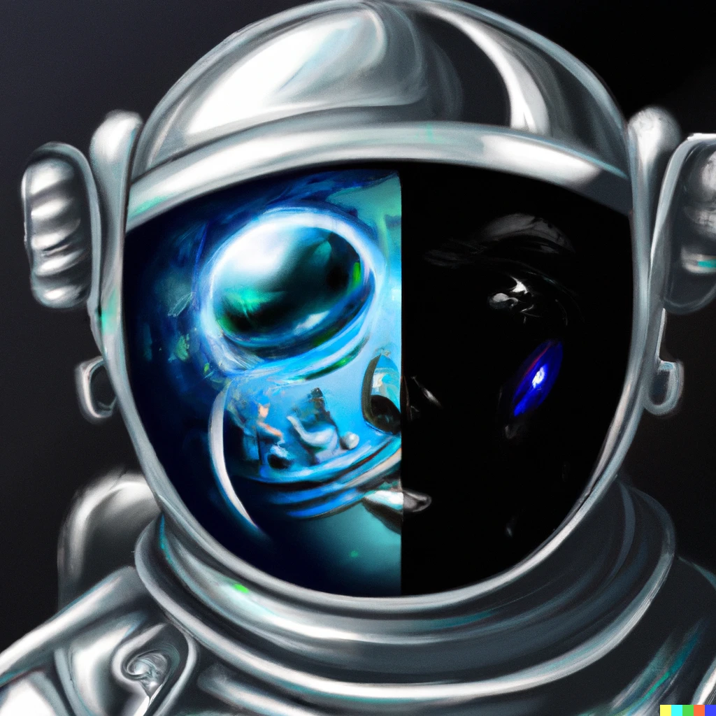 Prompt: Astronaut with reflection in his visor of a blue alien and a UFO photorealistic