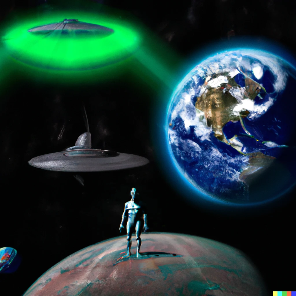 Prompt: The Annunaki return to planet Earth with planet Niburu and UFOs in the background, photorealistic