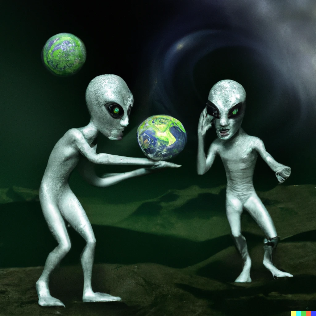 Prompt: Two grey aliens playing catch with planet Earth digitalart