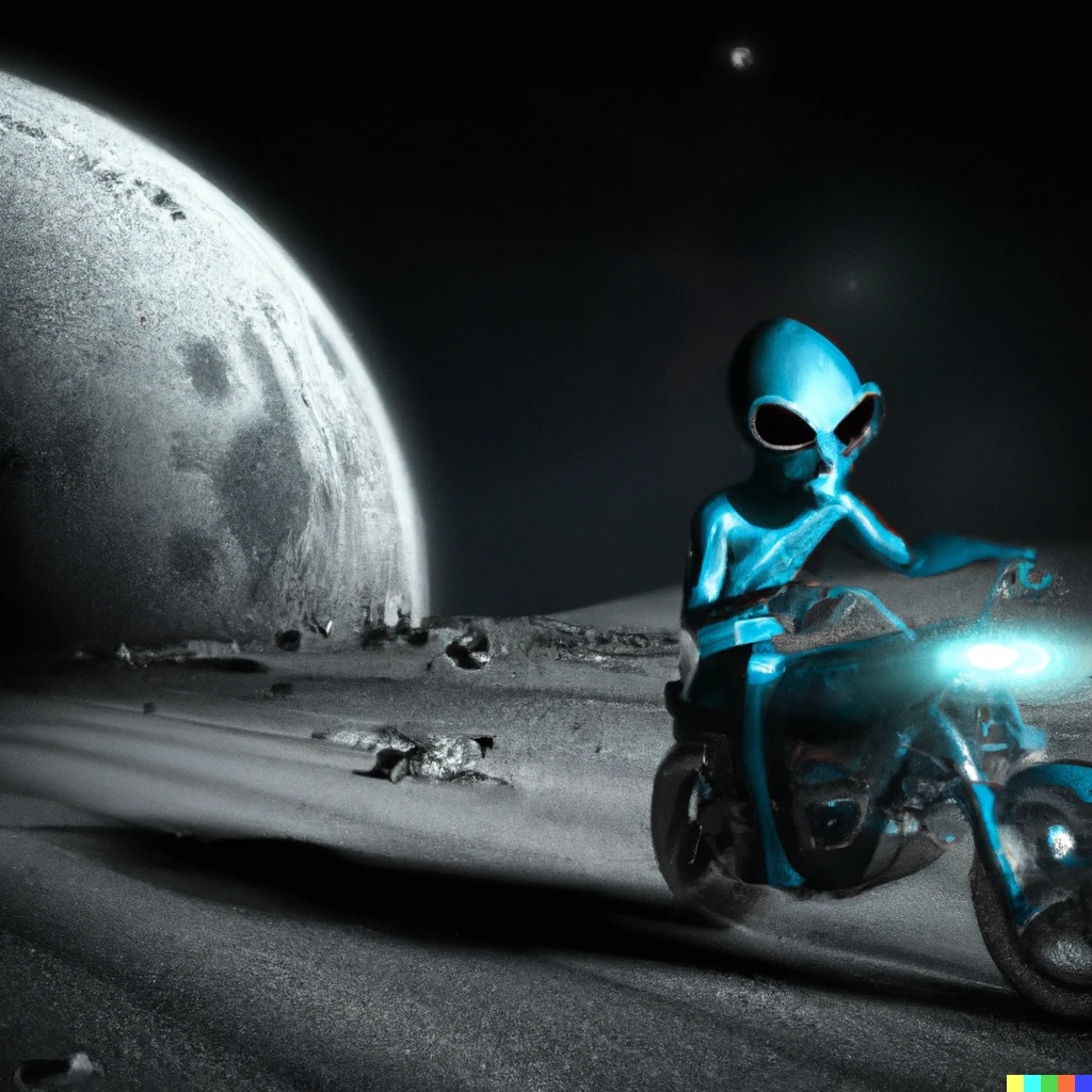 Prompt: Blue alien riding a motorbike on the moon in a photorealistic style