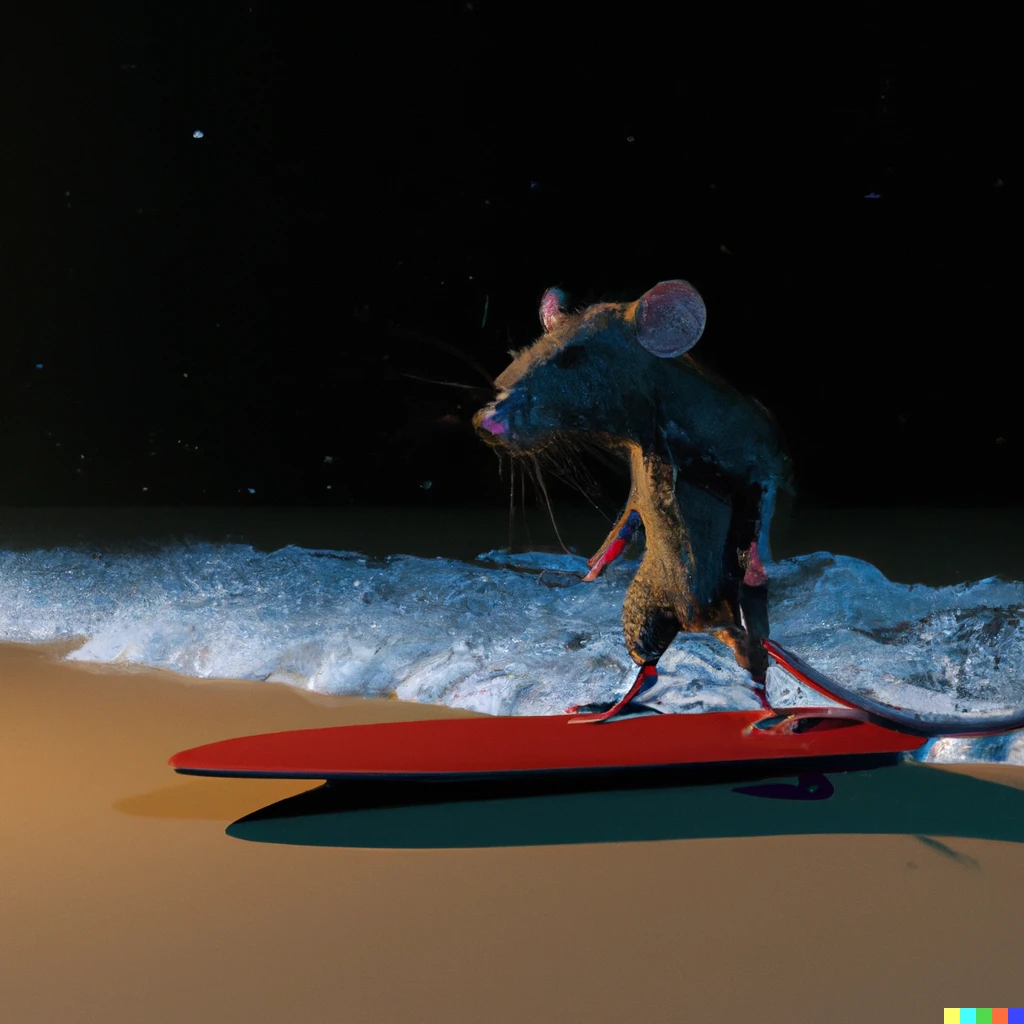 Prompt: A rat surfing at night 3D render