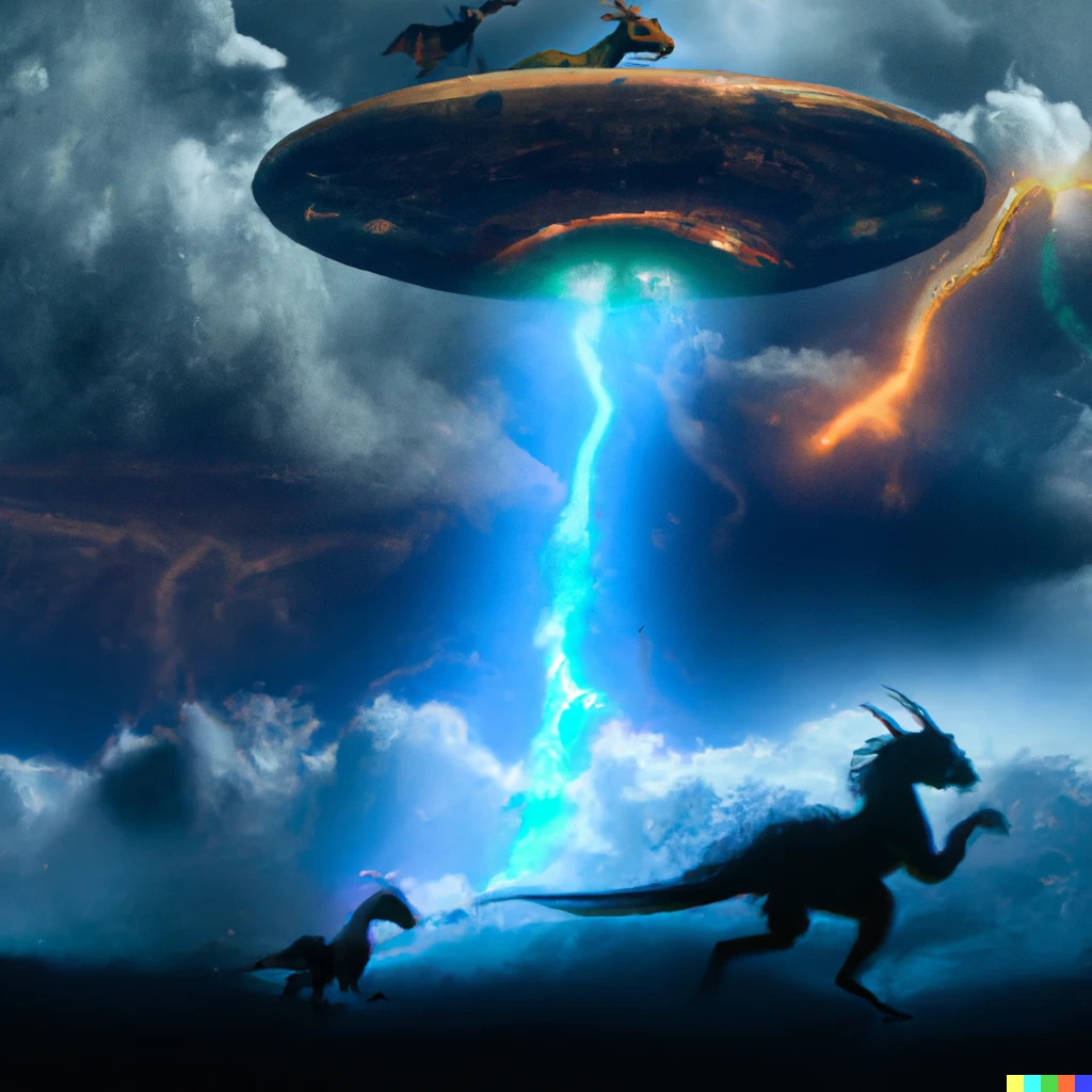Prompt:  dragons with a UFO in the background photorealistic