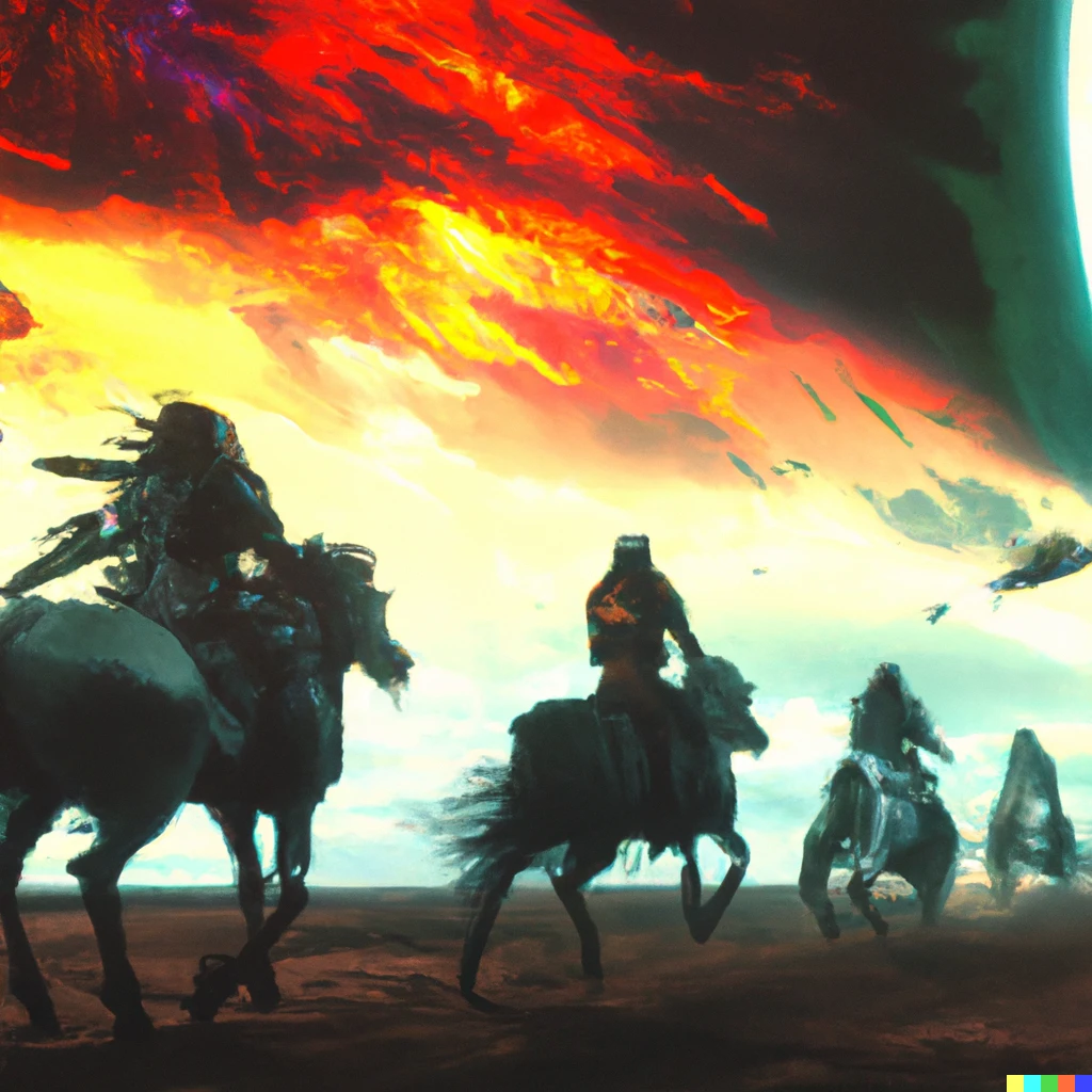 Prompt: The four riders of the apocalypse leaving planet Earth, digitalart