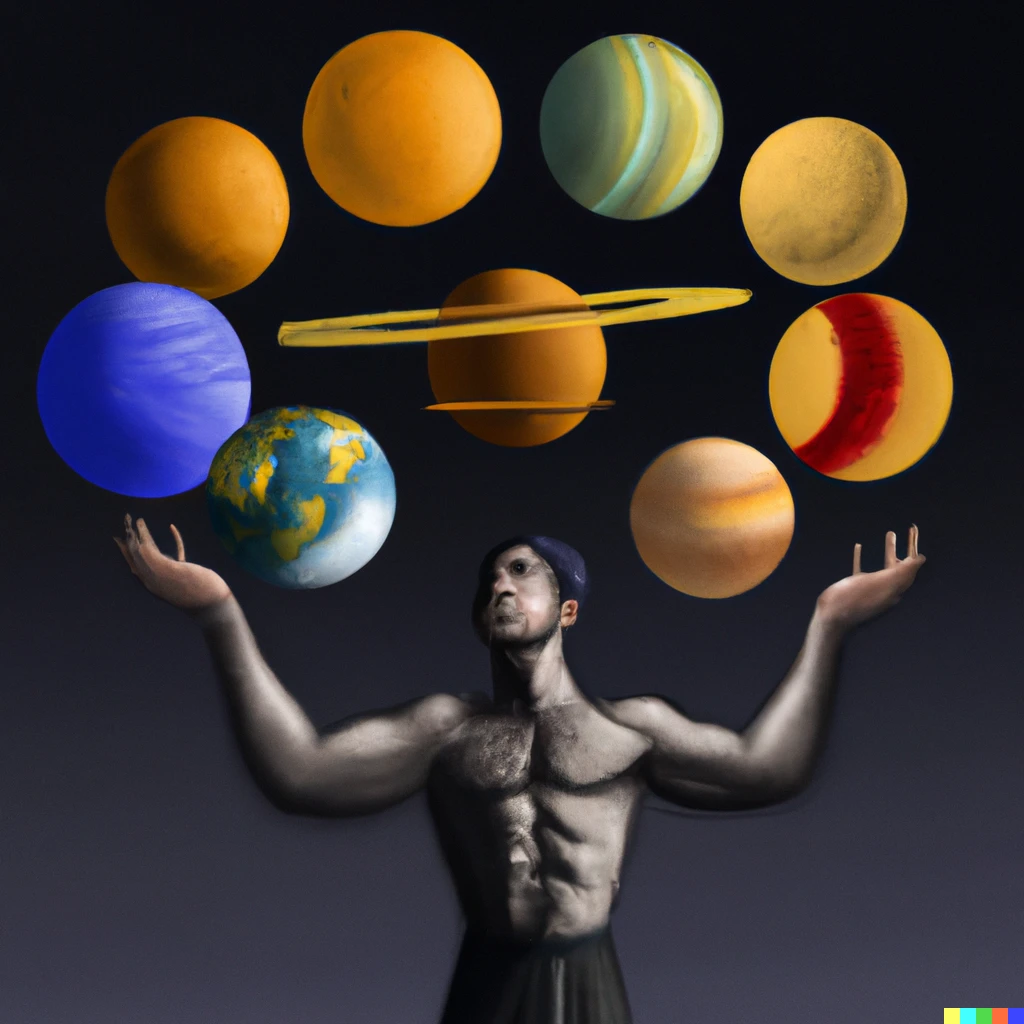 Prompt: Ra juggling all the planets of our solar system photorealistic