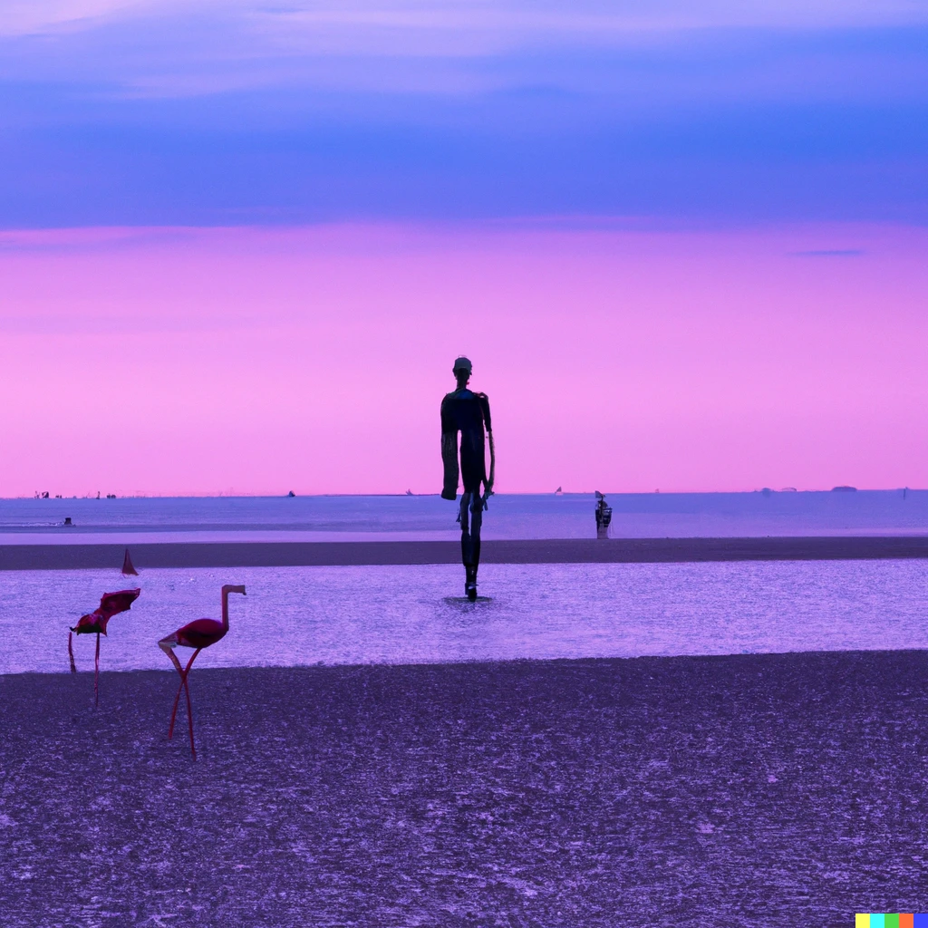 Prompt: The Anthony Gormley statues with a flamingo on Crosby beach and a purple sky